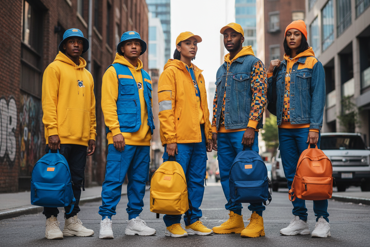 People of color wearing blue, yellow, and orange hats and backpacks